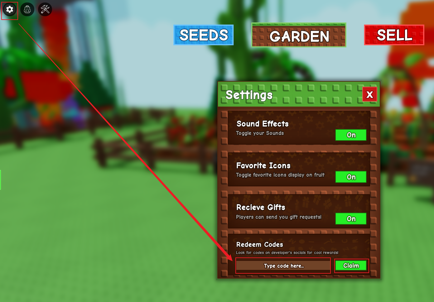 How to redeem Grow a Garden codes - Step by step guide showing the settings menu and code redemption interface